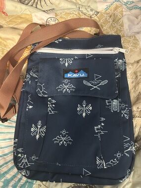 Kavu Navy Crossbody Messenger Bag Navy with Brown Strap and White Print